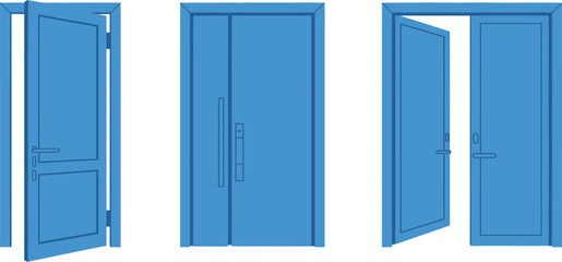 Three Blue Doors: One Open, One Closed, One Double Door Ajar
