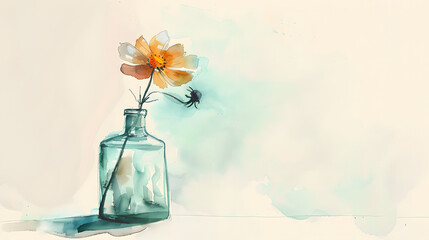 flat watercolor painting glass bottle with single flower