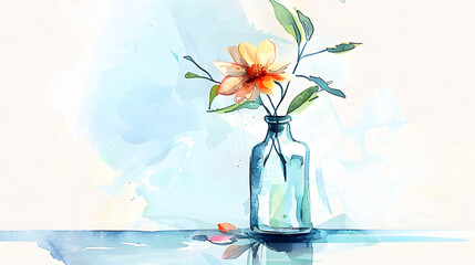 flat watercolor painting glass bottle with single flower