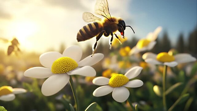 Spring booming. Life. New hope. Season. A vivid, sunlit scene featuring a bee on a daisy flower. The bee is detailed with intricate patterns and textures, and its wings are spread out.