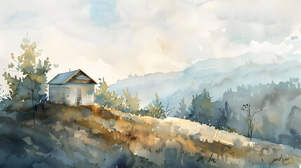 flat watercolor painting lookout hut on hill