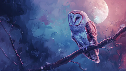 flat watercolor painting owl perched on branch