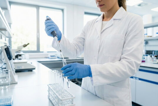 A female scientist in a lab coat and gloves meticulously pipettes liquid into test tubes for scientific research in a modern laboratory.