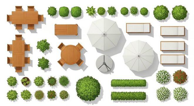 A collection of top-down view garden design elements including outdoor furniture and various plants isolated on white background