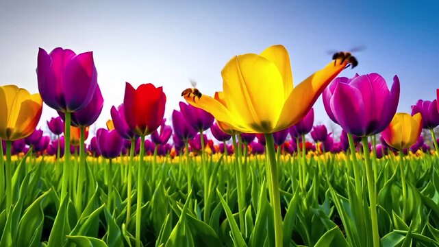 Spring booming. Life. New hope. Season. A vivid, colorful tulip field under a clear blue sky with a few bees on it.