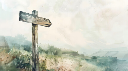 flat watercolor painting rural wooden signpost
