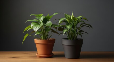 Obraz premium Two Potted Plants on Wooden Table Against Dark Background, Indoor Decor