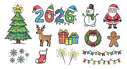 Fototapeta premium Christmas illustration with decorations, gifts, and winter symbols 