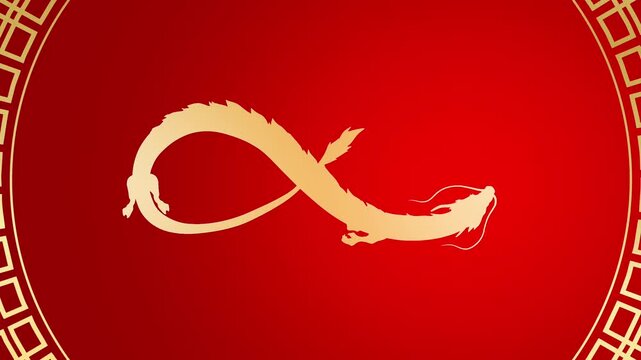 Gold chinese dragon silhouette flowing on a gradient red background with spining golden circular oriental frame animation loop.