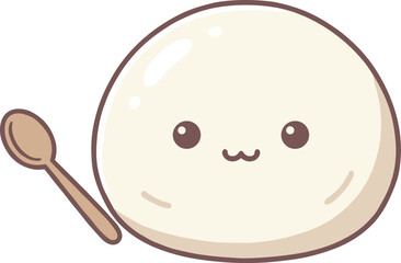 Obraz premium Minimalist Cute White Mochi or Steamed Bun Character with Small Wooden Spoon Kawaii Asian Dessert Food Illustration Isolated on White