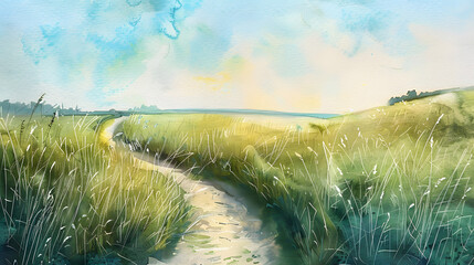 flat watercolor painting small winding path