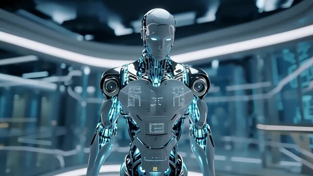 A futuristic background animation featuring a highly advanced humanoid robot, symbolizing artificial intelligence and technological advancements in the future.