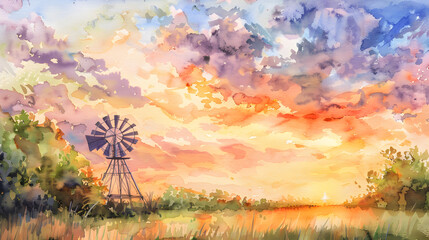 flat watercolor painting small windmill in garden