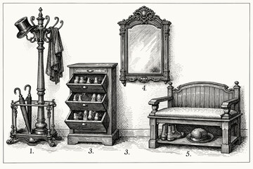 Fototapeta premium Antique hallway decor with coat rack, shoe cabinet, ornate mirror, and wooden bench