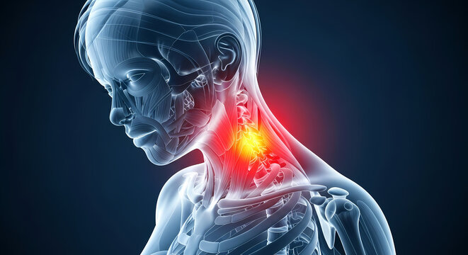 首の痛みが激しく輝き、健康問題が深刻に迫っている様子を表す