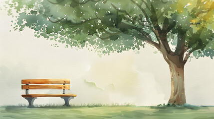 flat watercolor painting wooden bench under tree