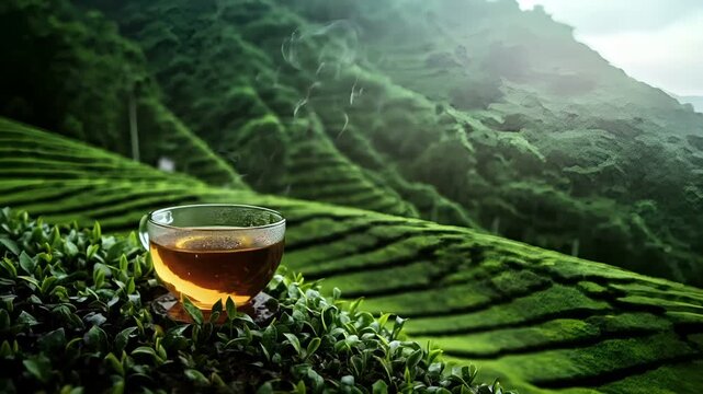 Tea industry. Tea leaves. Plantation. Culture. A glass cup filled with green tea on top of a lush green hillside. The cup is filled to the brim with a golden liquid, likely tea.