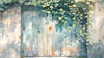 flat watercolor painting wooden door ivy plant