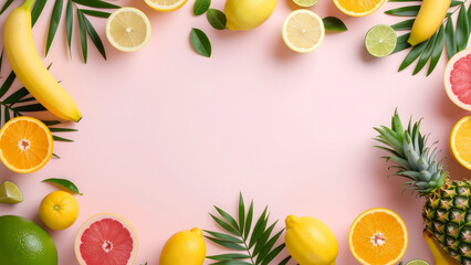Fresh fruits arranged around a pastel pink background creating a natural frame composition. Ideal for healthy lifestyle, vitamin, summer food, and wellness concepts.
