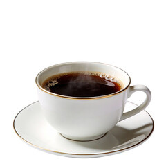 Close-up of a white porcelain teacup or coffeecup with a gold rim, filled with steaming hot coffee or tea. Placed on a matching saucer, it exudes elegance and comfort for a warm beverage.