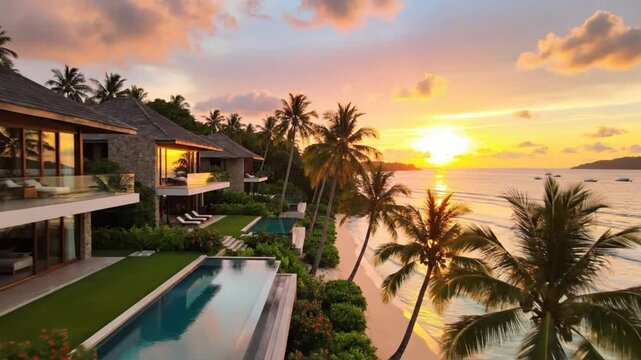 Luxurious beachfront villas with infinity pools nestled among palm trees at sunset over tranquil ocean waters