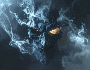 Menacing horned demon visage formed by swirling smoke with glowing eyes and powerful dark fantasy energy