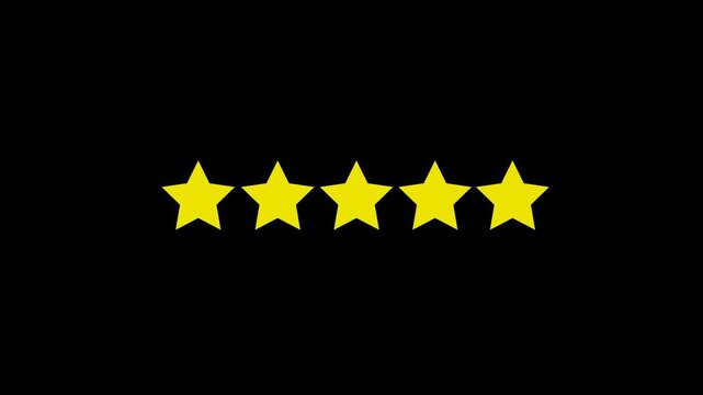 Five yellow star rating animation isolated on transparent background, smooth card flip motion, loopable quality, ideal for reviews, feedback, ranking, UI, apps, presentations. alpha channel