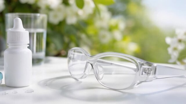 Vision correction accessories with eye drops, glasses, and contact lenses on a table with a blurry natural background