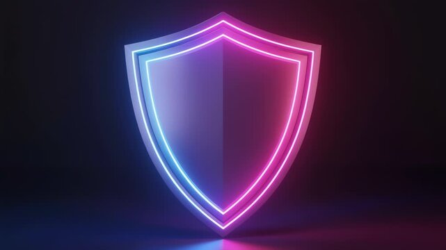 A glossy neon shield icon glows blue and pink against a dark gradient, with a soft reflection on a smooth surface. Its luminous, symmetric outline feels modern, protective, and visually striking now