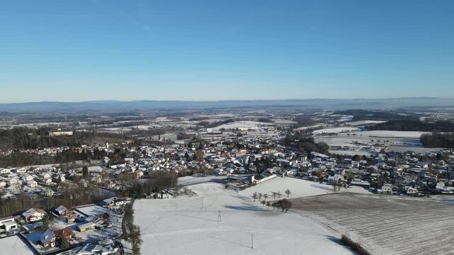 Winter in Haag am Hausruck Austria, aerial dron view, not AI.