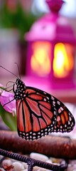 Butterfly resting on a branch near a lantern.