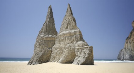 Coastal Rock Formations on Sandy Beach.