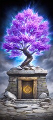 Mystical Glowing Purple Tree on Ancient Stone Altar.