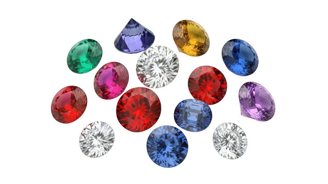 Assorted precious gemstones display isolated on transparent background