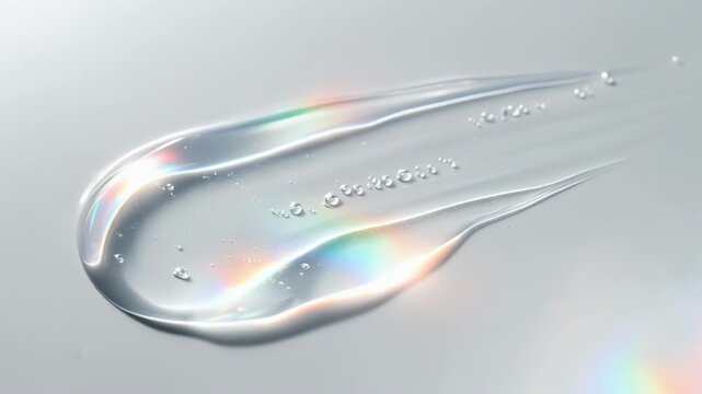 A translucent, teardrop-shaped droplet rests on a smooth, reflective surface, its glossy curve catching light to reveal vivid iridescent bands of color, set against a soft, neutral gray background.!!