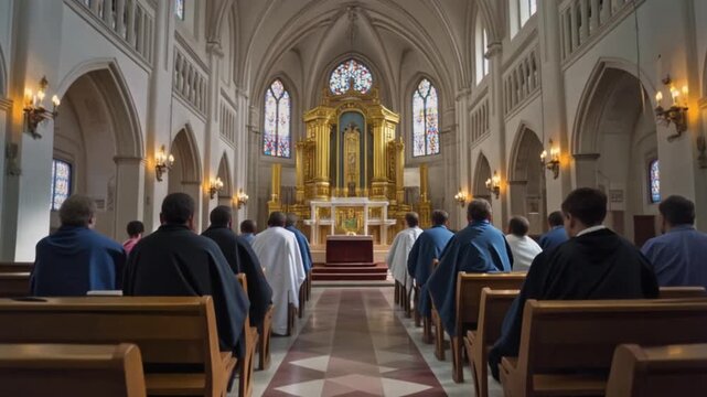 a synagogue,rows of congregants in prayer shawls , focused on the Torah ark,