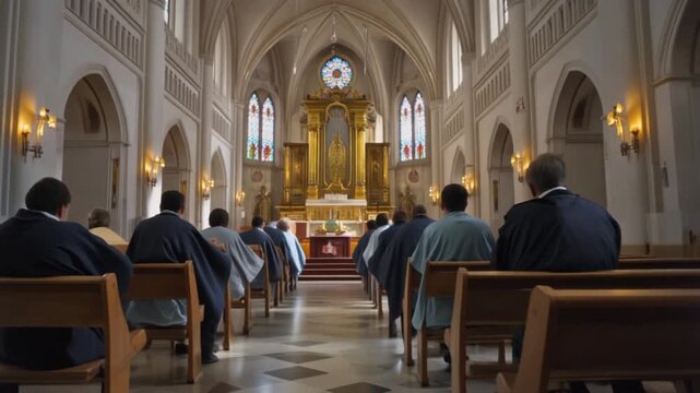 a synagogue,rows of congregants in prayer shawls , focused on the Torah ark,