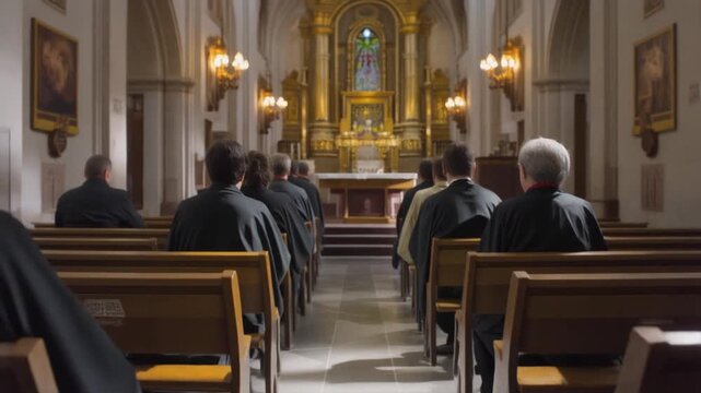a synagogue,rows of congregants in prayer shawls , focused on the Torah ark,