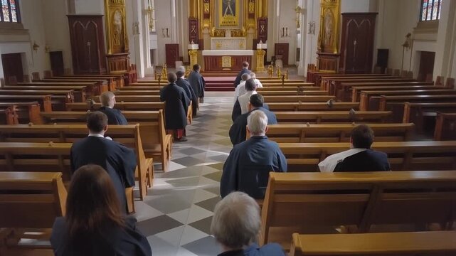 a synagogue,rows of congregants in prayer shawls , focused on the Torah ark,