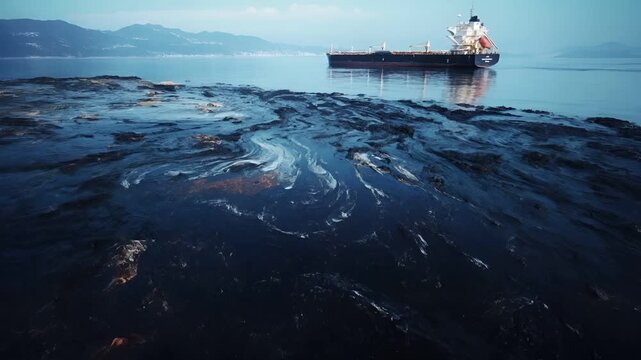 Oil spill. Environment ecosystem pollution disaster. Aerial view of oil spill in the ocean with ship in background.