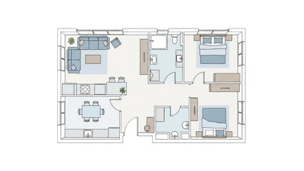 Modern two bedroom apartment floor plan with open living space and dining area