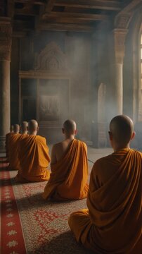 a row of Buddhist monks in saffron robes, seated in meditation