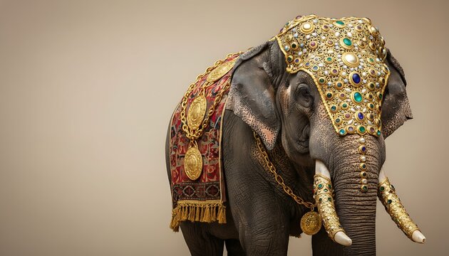 Ornate Indian Elephant Adorned with Elaborate Golden Jewelry Gemstones and Traditional Caparison for Royal Ceremony or Festival Celebration