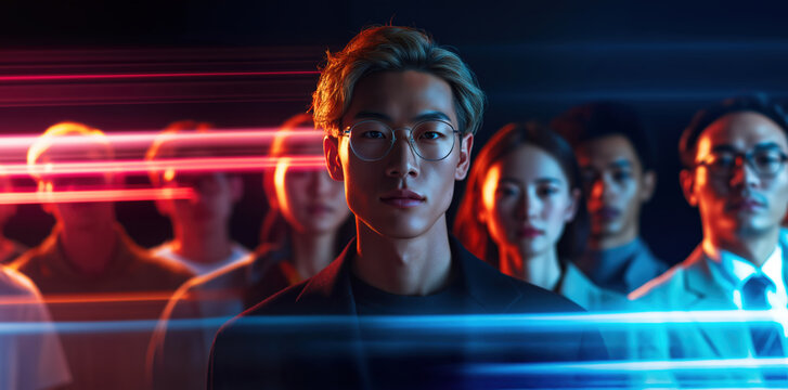 Determined Asian business leader in suit surrounded by colleagues with glowing red anb blue neon light effects