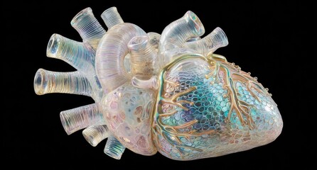 Detailed glass heart model, iridescent hues