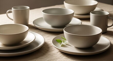 Minimal ceramic tableware set in soft natural light on fabric background