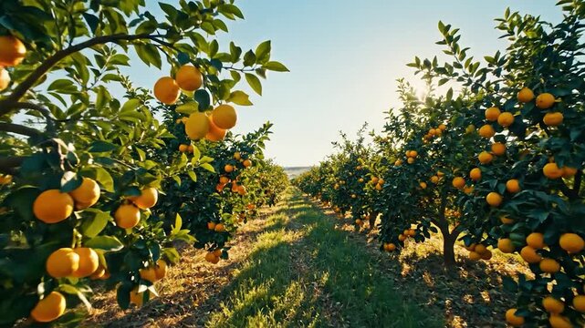 Rows of ripe citrus fruit trees under bright sunlight, casting long shadows