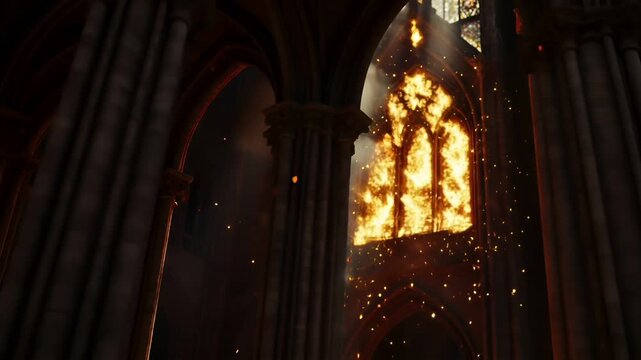 Natural disaster. Devastating loss aftermath scene. A vivid portrayal of a cathedrals interior, with a large, ornate gothicstyle window set into the darkness.