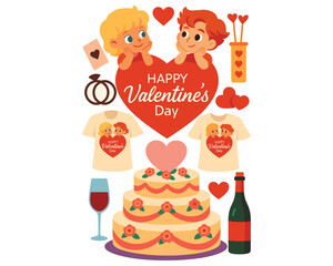 Fototapeta premium Vector illustration of a cartoon wedding and birthday celebration icon set featuring a holiday gift cake and party decoration collection for fun winter event design