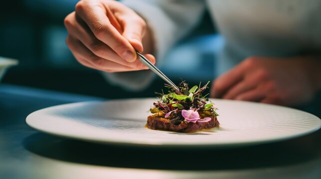 Close-up of chef hands using tweezers to garnish a gourmet michelin star dish.
